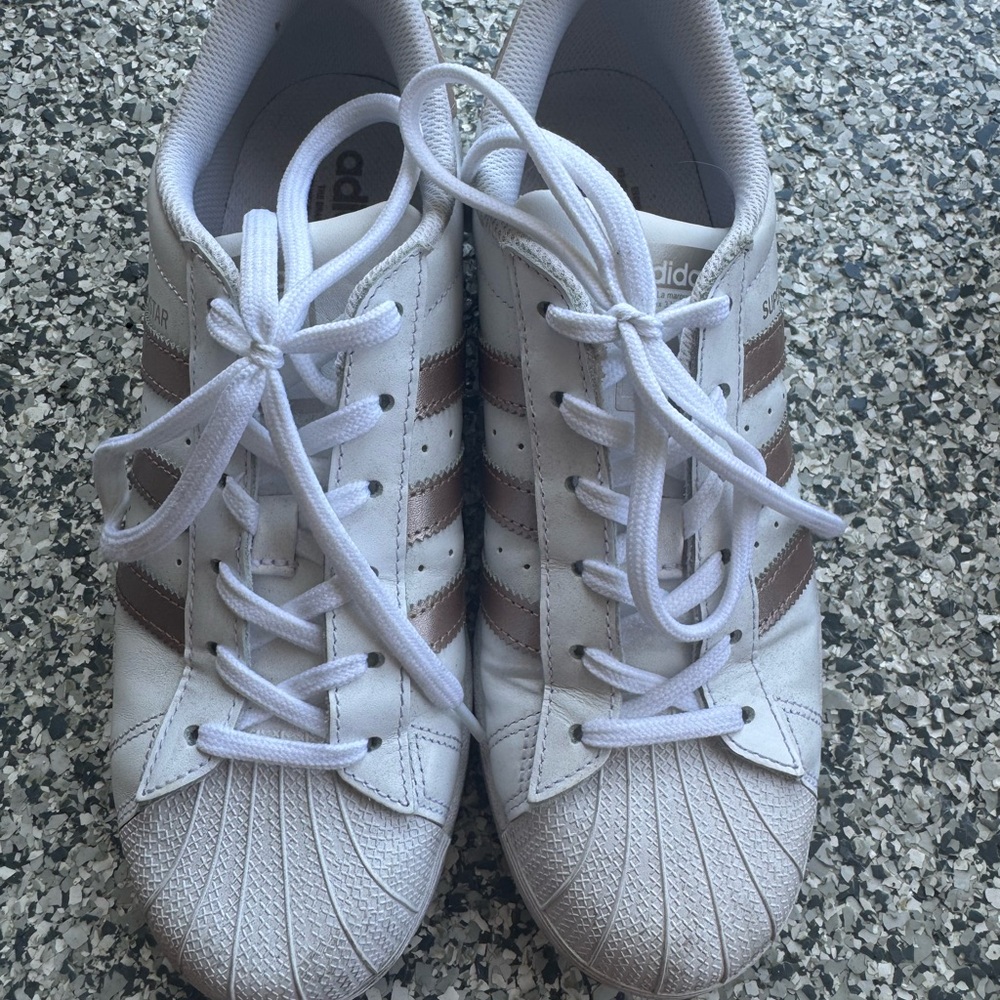 Adidas White Sneakers with Rose Gold Stripes